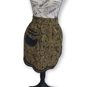 Vintage Handmade Paisley Black Gold Hostess Kitchen Half Apron Pocket 50’s 60’s